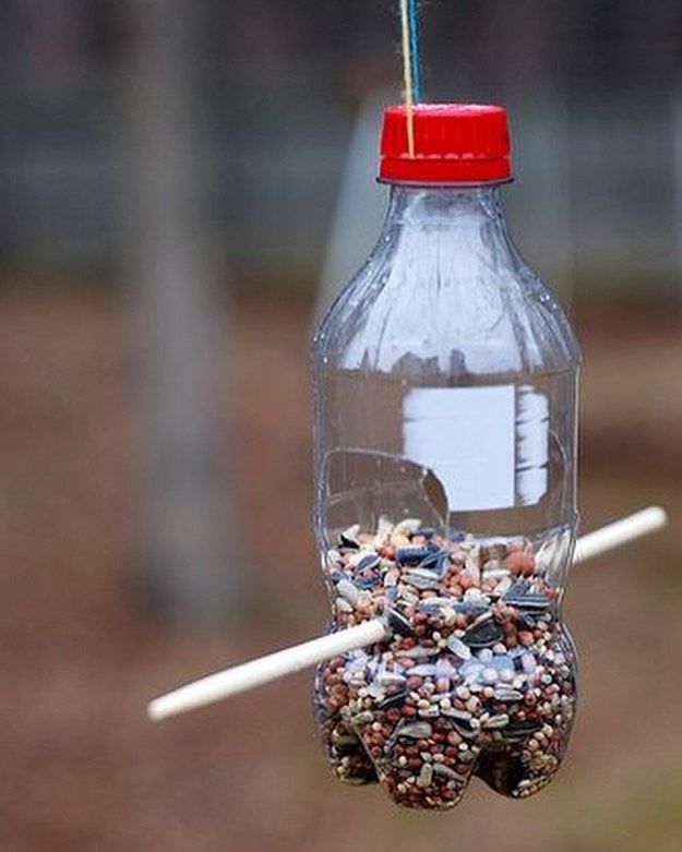 Bouteille ou bidon en plastique transformées en mangeoire pour nos oiseaux, bravo !